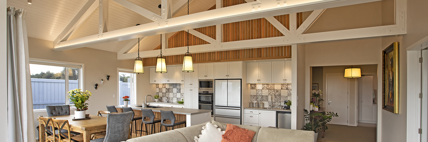 Exposed beams inside Shaw Road new Build by whakatane Building company